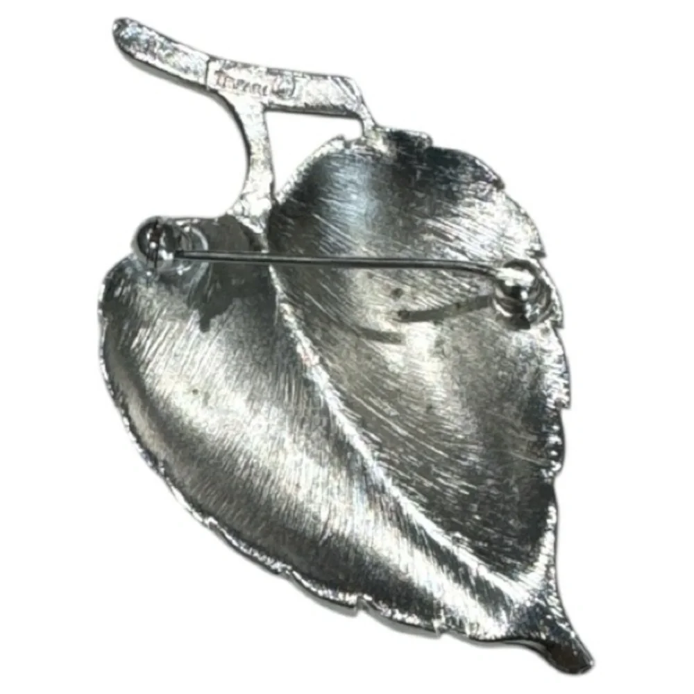 Crown Trifari 1960s Vintage Brushed Silver Tone Life Like Detailed Leaf Brooch